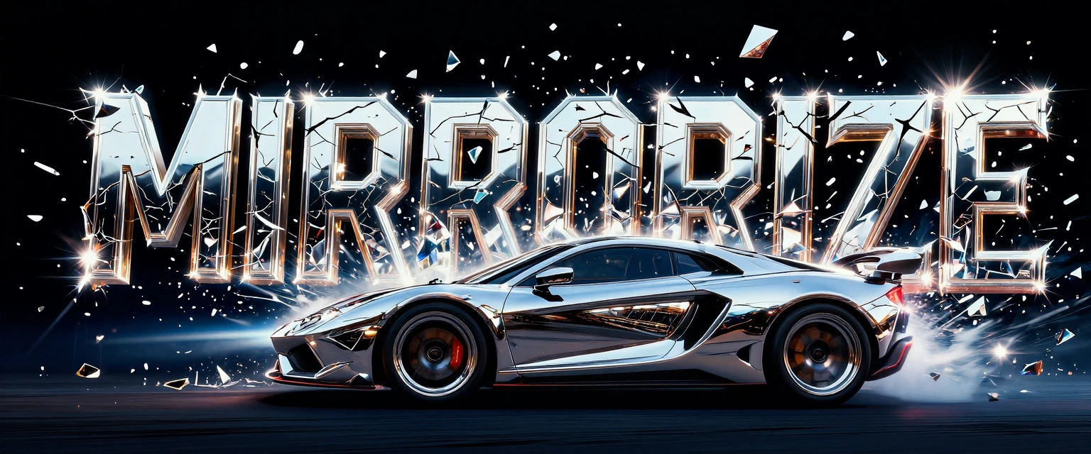 Capture a sleek, chrome-finished sports car bursting through massive 3D block letters spelling "MIRRORIZE" as they shatter and explode outward in a dramatic freeze-frame moment. The letters are constructed from polished mirror-like material, reflecti