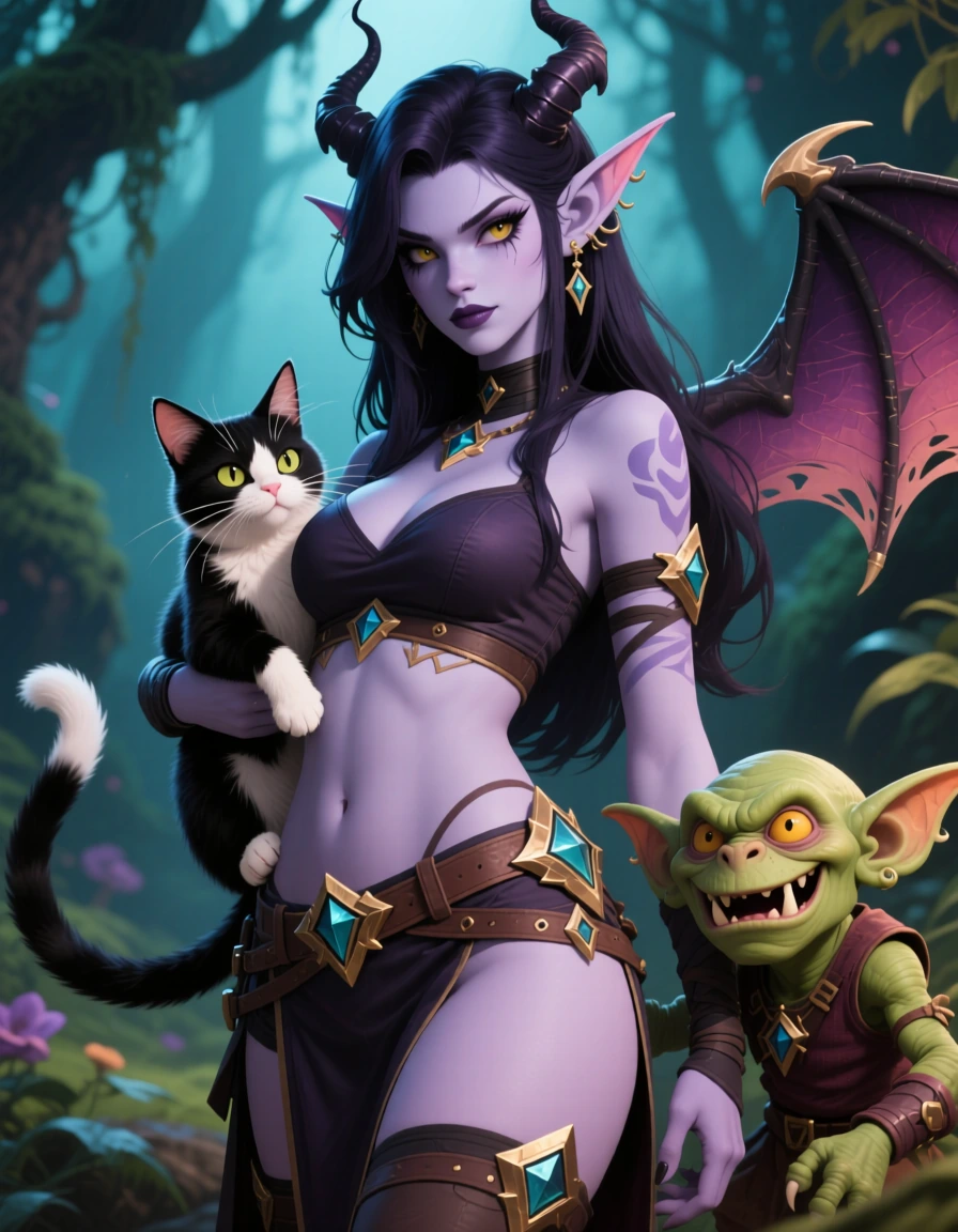 Dark elf with her cat, goblincore, pastel, hips