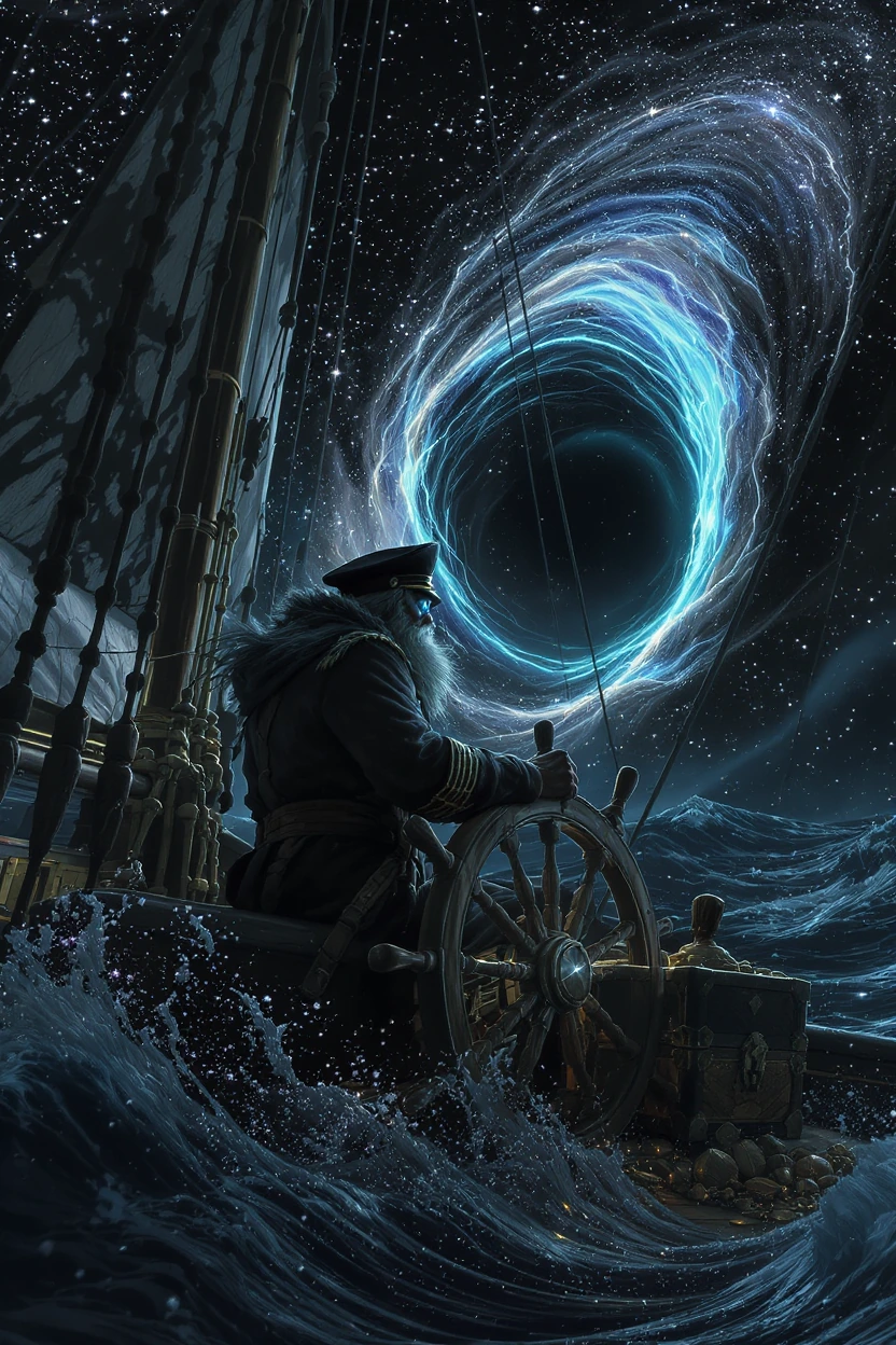 In the spirit of #Jules Verne create a masterpiece: imagine a weather-beaten **old captain** at the helm of a galleon sailing through the **event horizon**, where the salty sea mist turns into the **crystalline frost of the Void**! I want to see the 