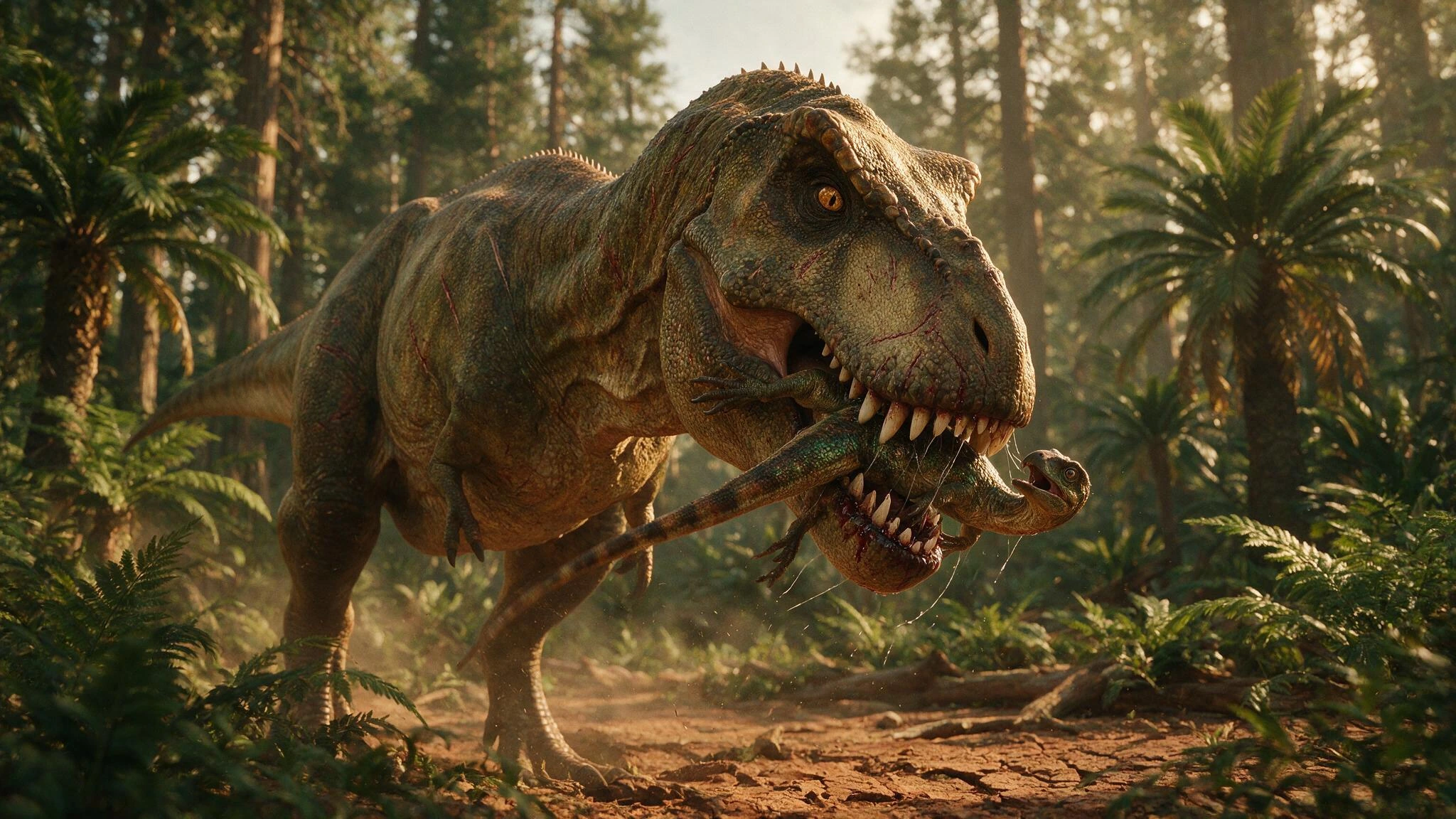Capture a hyperrealistic Tyrannosaurus rex clamping its massive jaws around a smaller struggling reptile, its serrated teeth piercing through scaly hide as dark blood beads along the wound. Show the T-Rex's textured skin in rich detail—rough, pebbled