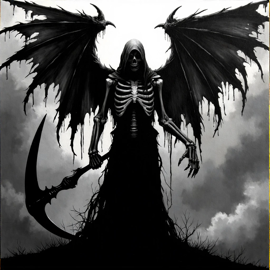 Create three distinct manifestations of a primordial horror that devours the light. You must capture the twisted essence of a skeletal deity with tattered wings through three terrifying examples of dark fantasy decadence. He has a terrifying scythe