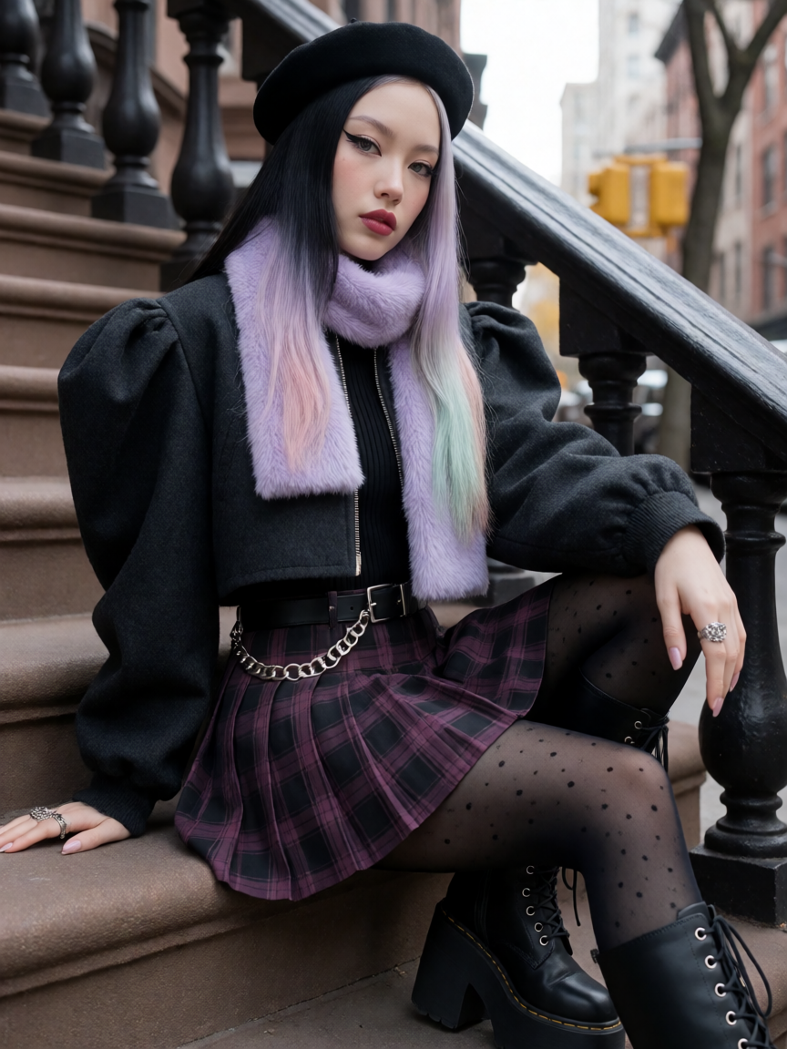 Hyperreal portrait blending high-end fashion photography with subtle 3D render polish, lifelike skin texture and real fabric detail, not cartoonish. A beautiful original adult woman with long sleek black hair fading into soft pastel tips of lilac, mi