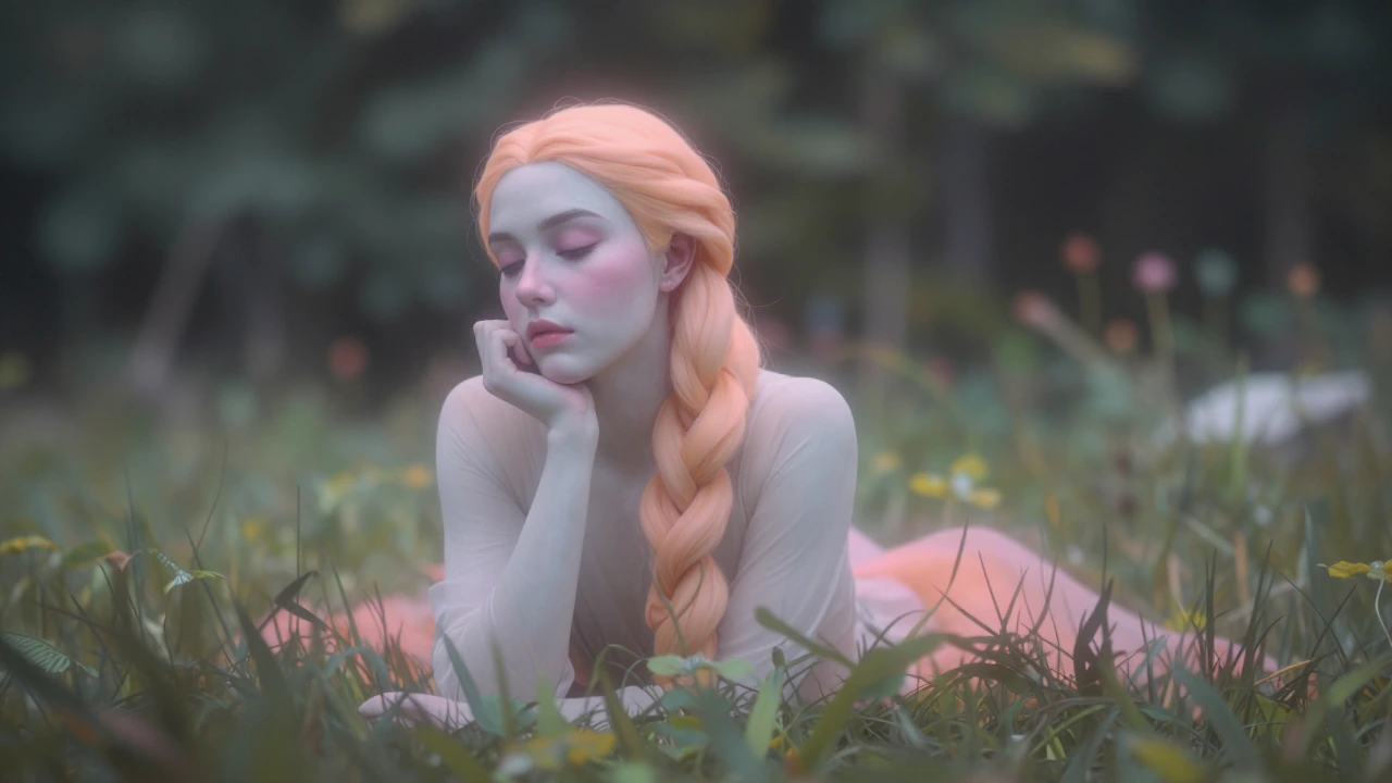 ethereal figure in a dreamlike landscape, deep focus, sharp details throughout the scene, muted pastel tones, painterly texture, serene mood, subtle glowing outline around the character, high contrast between figure and environment