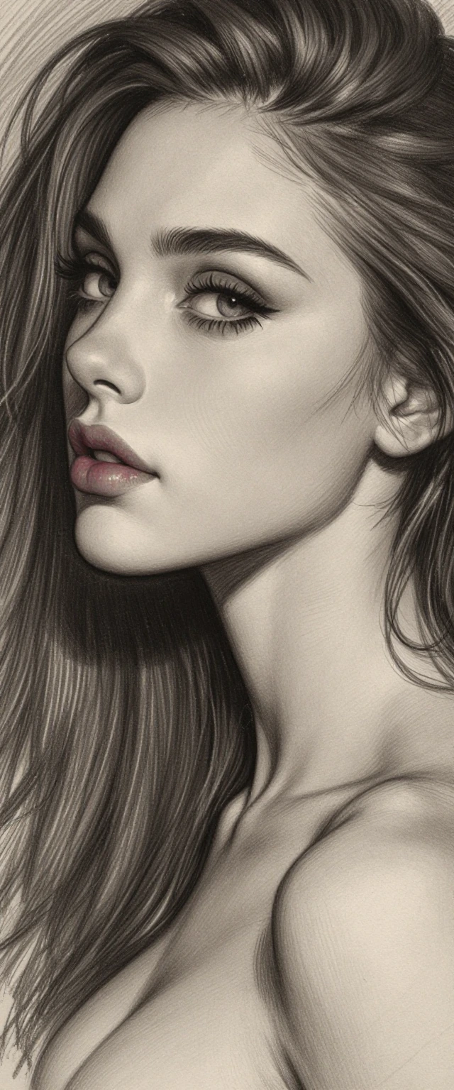 Awe-inspiring, hyper-realistic incomplete pencil sketch of a beautiful woman, striking side profile portrait. The artwork is a masterpiece of partial completion: her face emerges organically from raw, textured art paper with intricate, macro-detailed