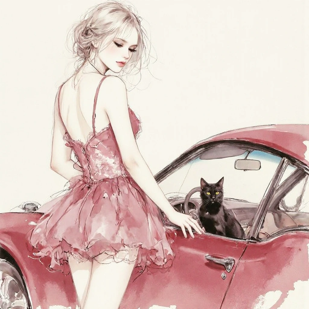 Beautiful platinum blonde model, dusty rose frilly mini skirt with lace, lotus car, cat nearby, artsy background