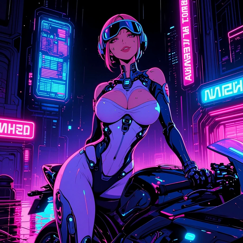 A gorgeous woman wearing a tight spandex bodysuit with cyber designs, visor, huge busts, wide waist, large lips, smirk, leaning against a futuristic m