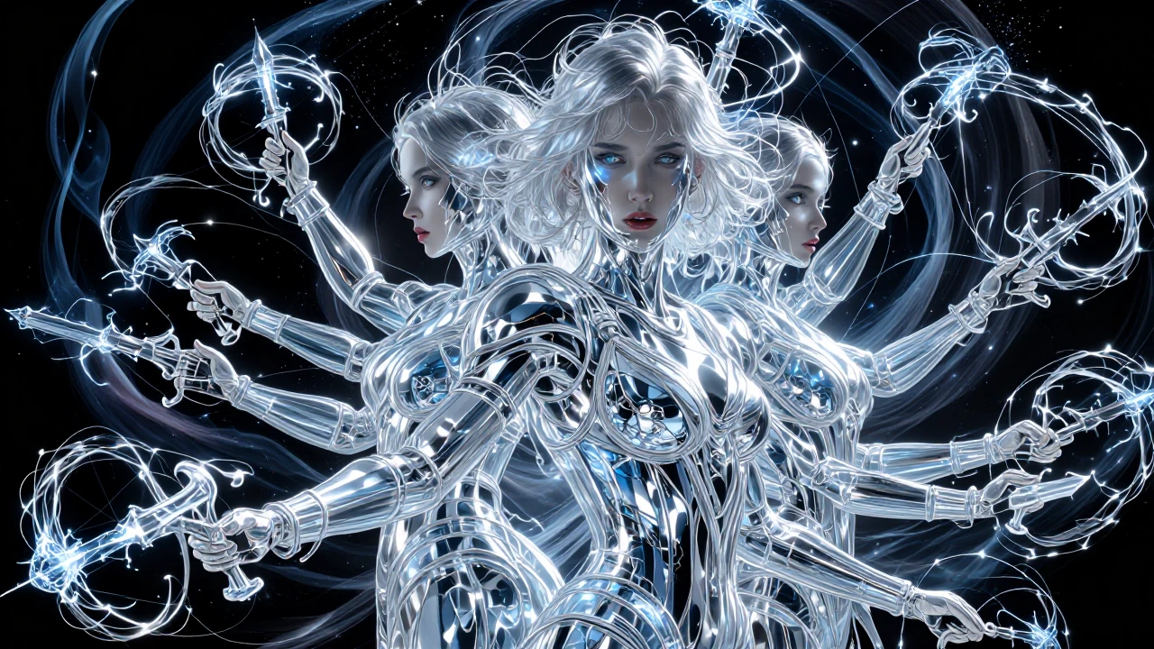 A six-armed woman with mirror-like metallic skin and three faces—one facing forward and two flanking her head—stands defiantly in cosmic space, her crimson lips parted, piercing blue eyes glowing, and silver hair flowing weightlessly. Clad in sleek p