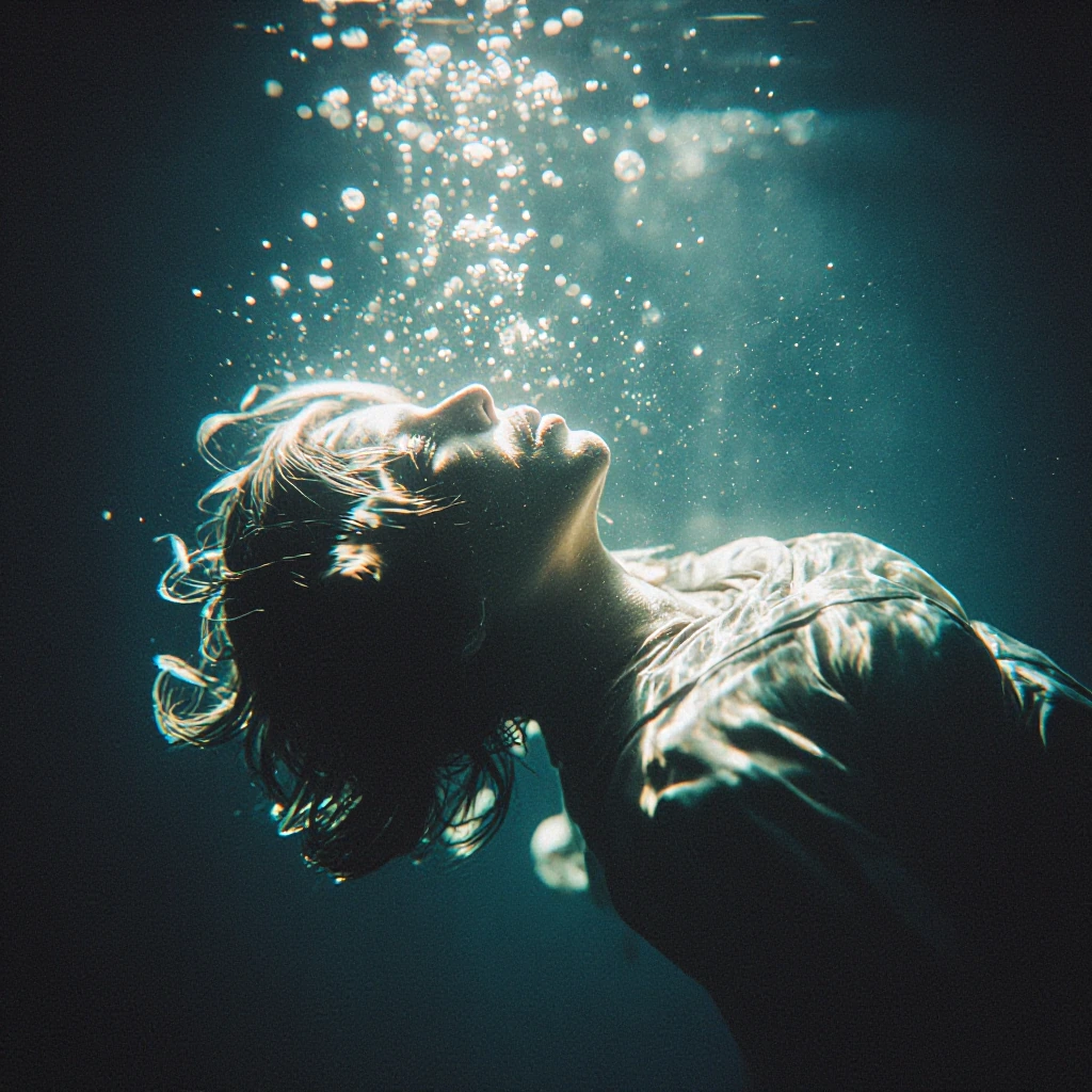 A solitary figure floating weightlessly beneath the water's surface, suspended in translucent blue-green depths, soft rays of light filtering down from above creating dancing caustics across their peaceful face, hair drifting in slow motion, bubbles