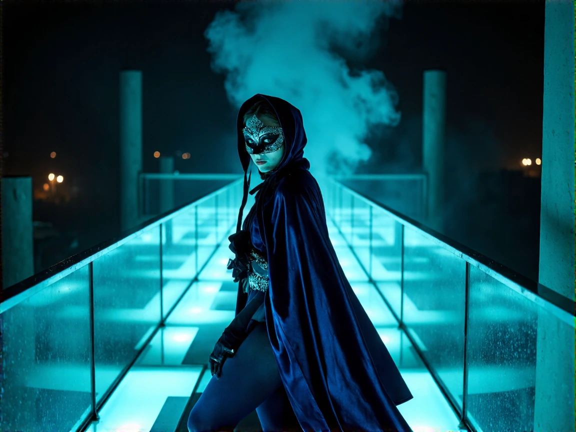 A mysterious woman walking across an illuminated glass bridge suspended in darkness, ethereal and enigmatic, wearing an elaborate disguise with intricate masquerade mask adorned with midnight blue velvet and silver filigree, flowing hooded cloak shro