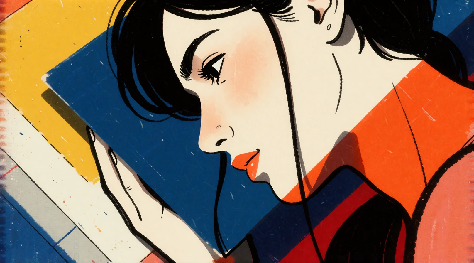 16:9 high-grade illustration, Mirrorize V4 pushed into raw avant-garde animation-cel territory mixed with modernist graphic collage style, hand-drawn 