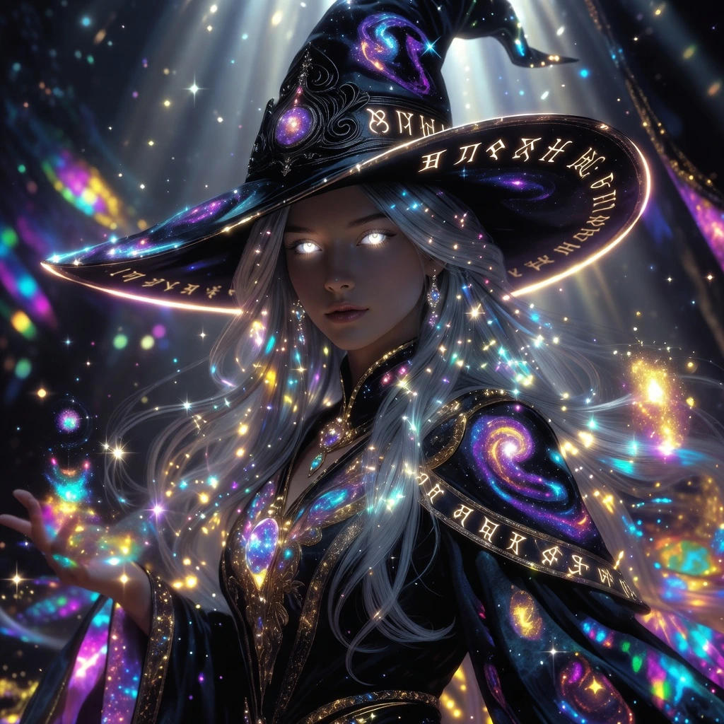 Young sorceress with silver hair and luminous eyes, wearing a sculptural obsidian witch hat inscribed with glowing cosmic runes, surrounded by etherea