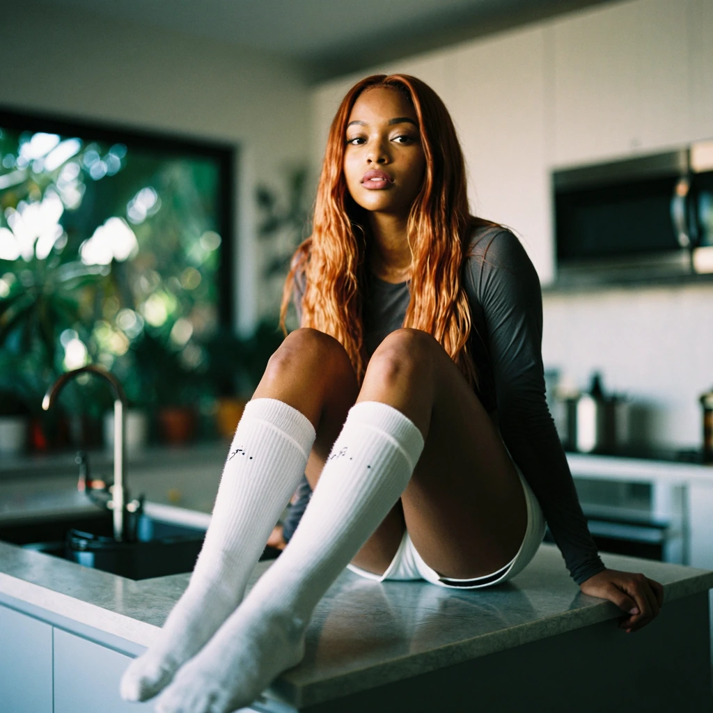 an analog film photo of a beautiful woman, 25 years old, nigerian woman, oval face, parted lips, long auburn hair, she sits on the edge of a kitchen countertop in a modern house, she wears a cropped long sleeve shirt, knee high atheletic socks, model