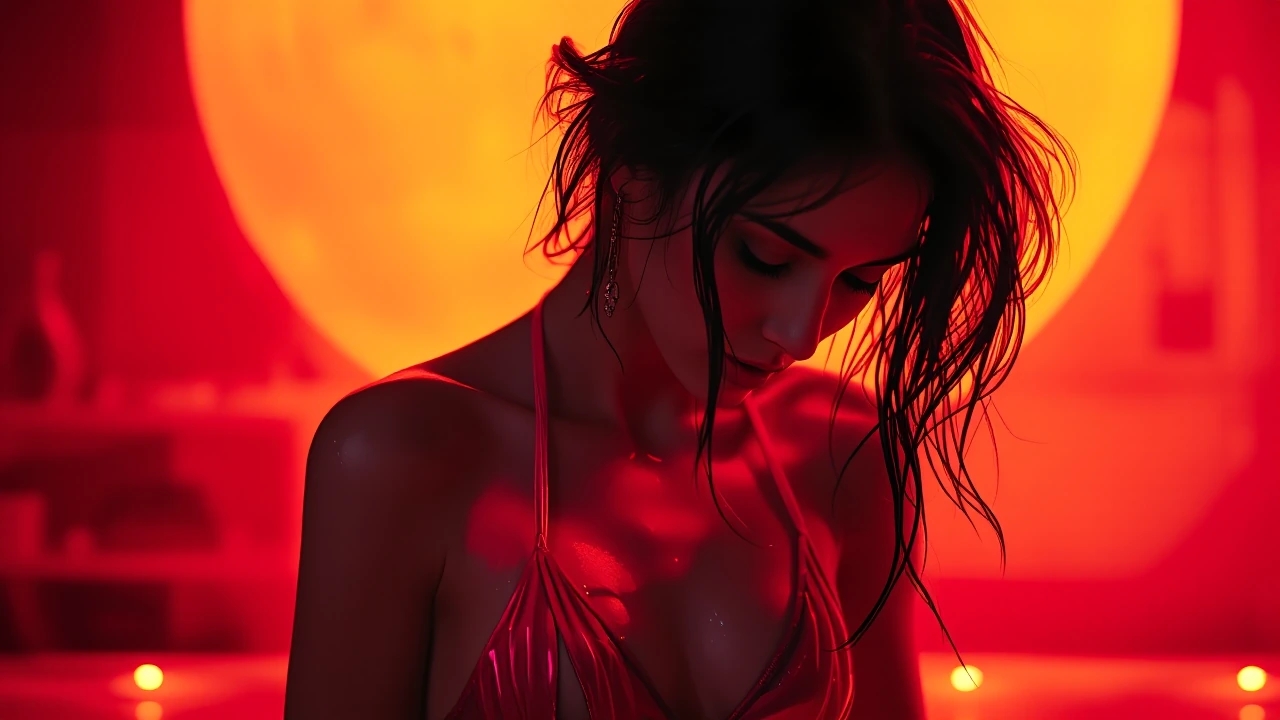 Woman in crimson silk bikini caught mid-wink, shot with shallow depth of field and warm tungsten backlighting that outlines her silhouette against a blurred amber background, the fabric catching light with wet-looking sheen, her expression candid and