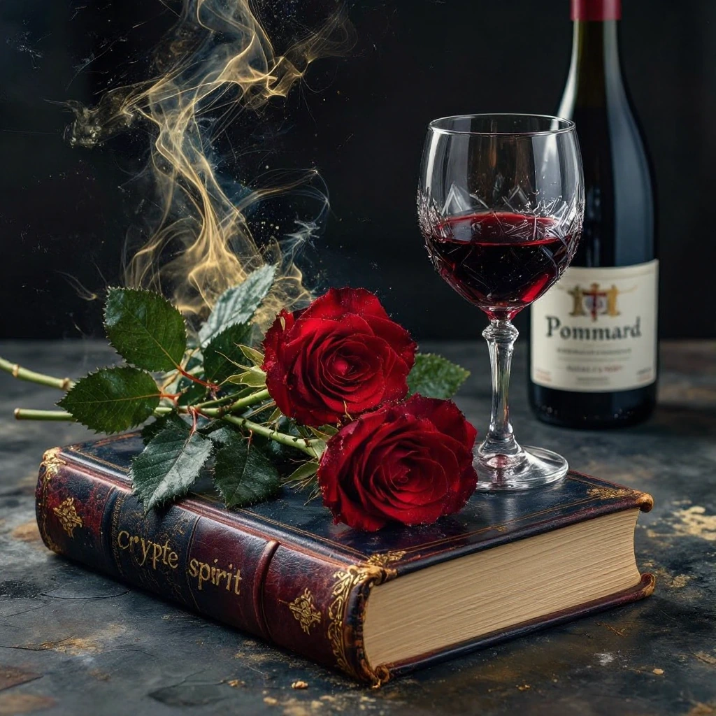 A professional still life photograph with a cinematic style. The composition features two deep red roses resting on an antique leather-bound book inti