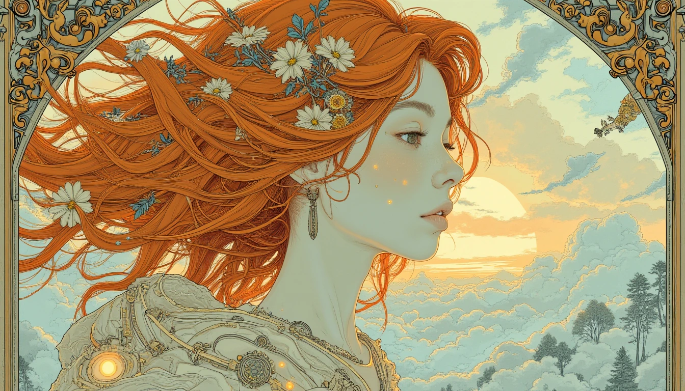Diaphanous redhead woman, spectacular layered hairstyle, ethereal mood