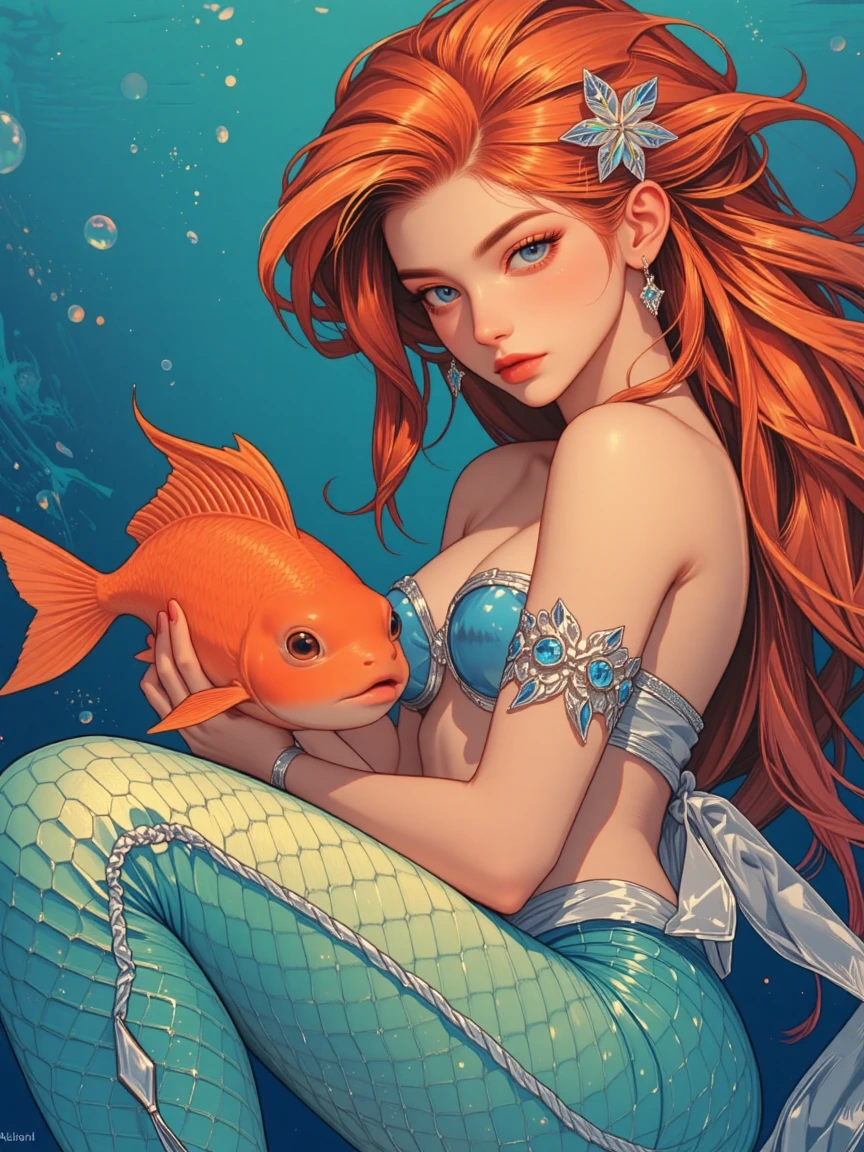 Beautiful mermaid with her pet fish, vibrant colors.