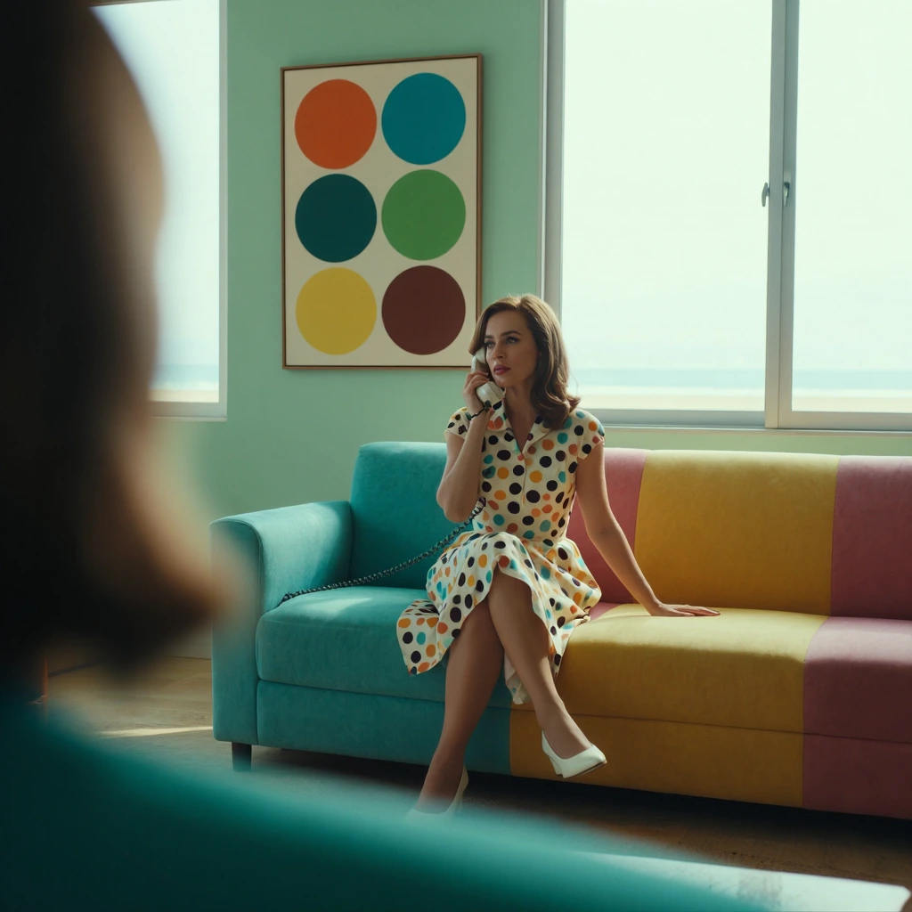 # Retro Pop Art Portrait A woman with shoulder-length auburn hair sits on a vibrant, segmented sofa in shades of turquoise, yellow, pink, and green. She wears a matching polka-dotted dress in multicolored circles and white heeled shoes. Holding a rot