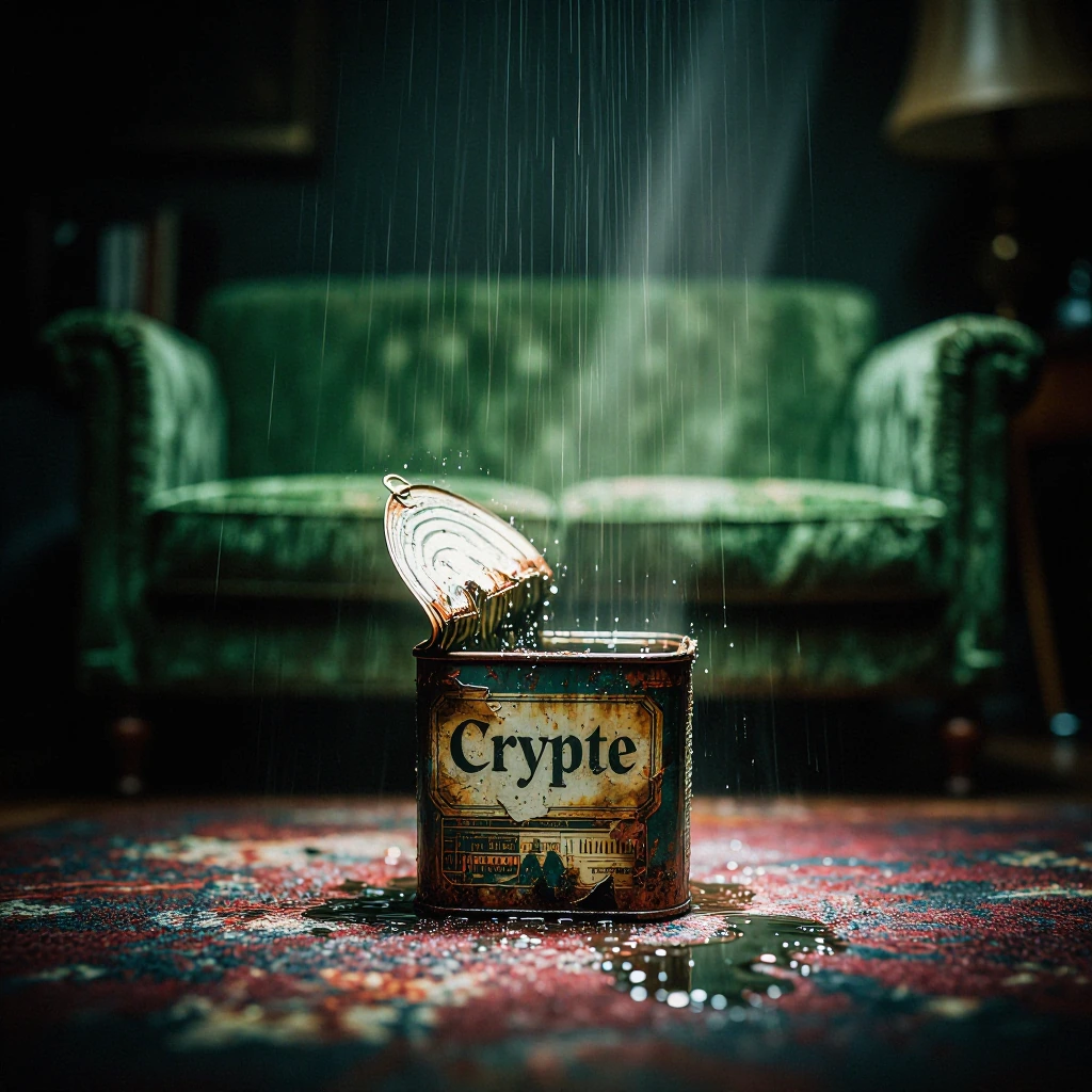 A rusty, open and dented metal tin, with a torn and soiled label revealing the word ‘Crypte’, sits in the centre of an emerald-green velvet sofa in a living room with a dark and damp atmosphere. Inside the box, instead of food, there is water. Raindr