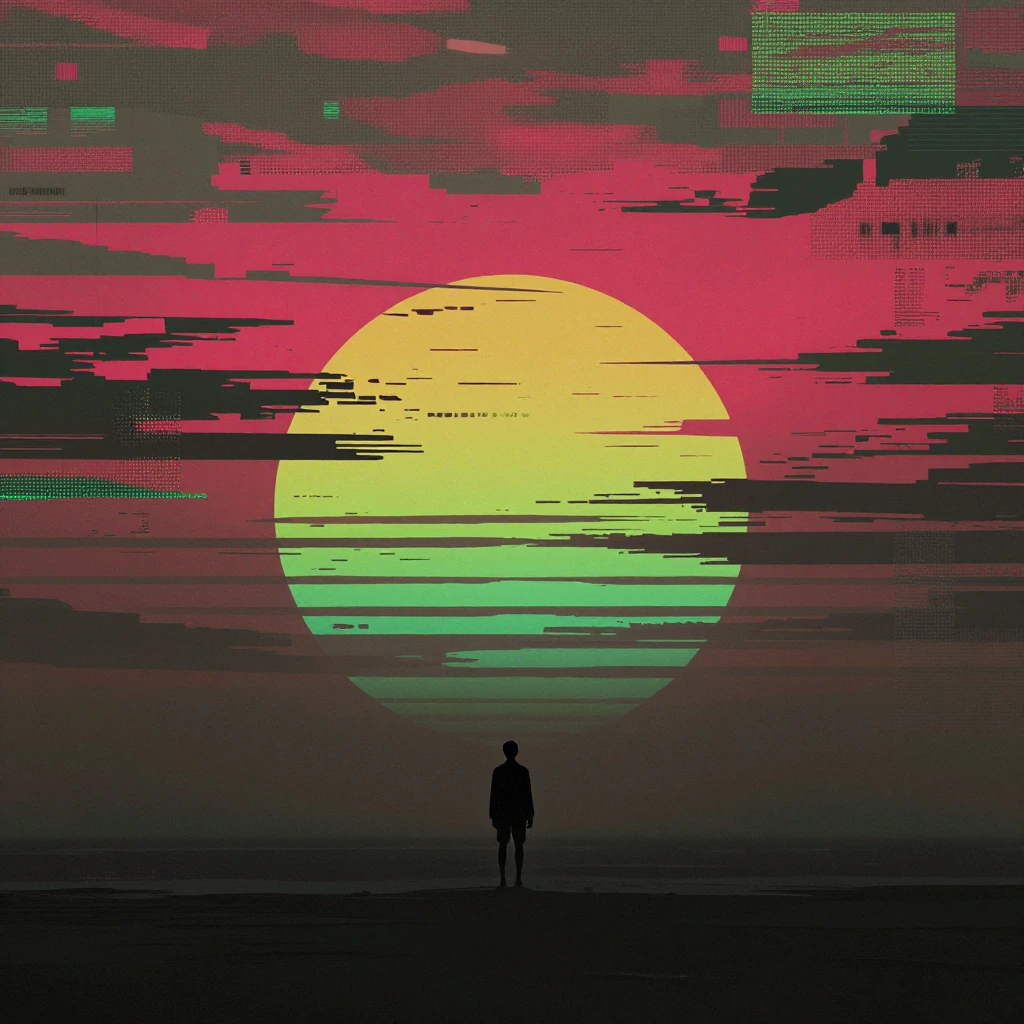 A lone black human silhouette standing at the bottom center of a vast corrupted digital landscape, facing an overwhelming wall of broken light and horizontal data distortion. The sky is made of torn scanlines, dotted halftone grids, jagged compressio