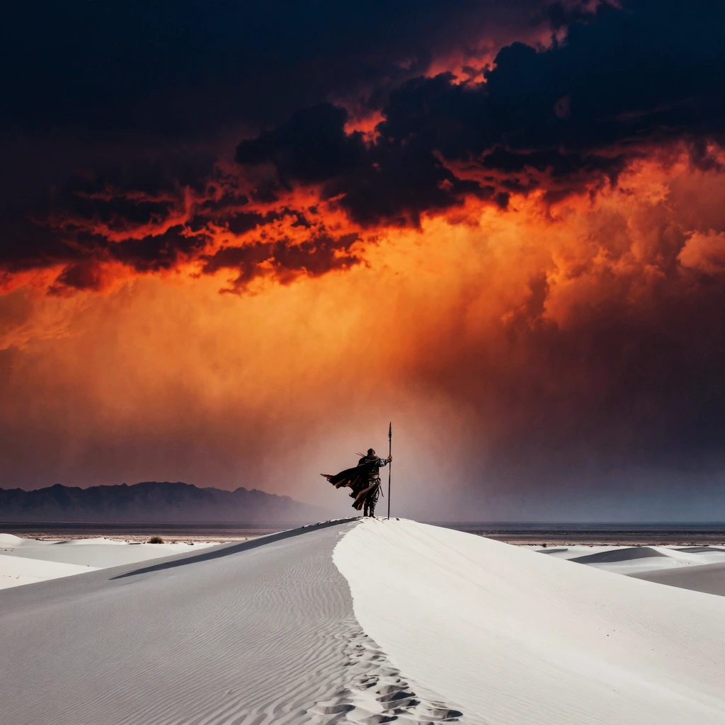 An illustration in Pricolce art style depicting a lone warrior clad in dark, tattered armor standing atop a vast white dune under a tumultuous sky streaked with fiery orange, crimson, and deep indigo clouds; the figure holds a long spear upright as w