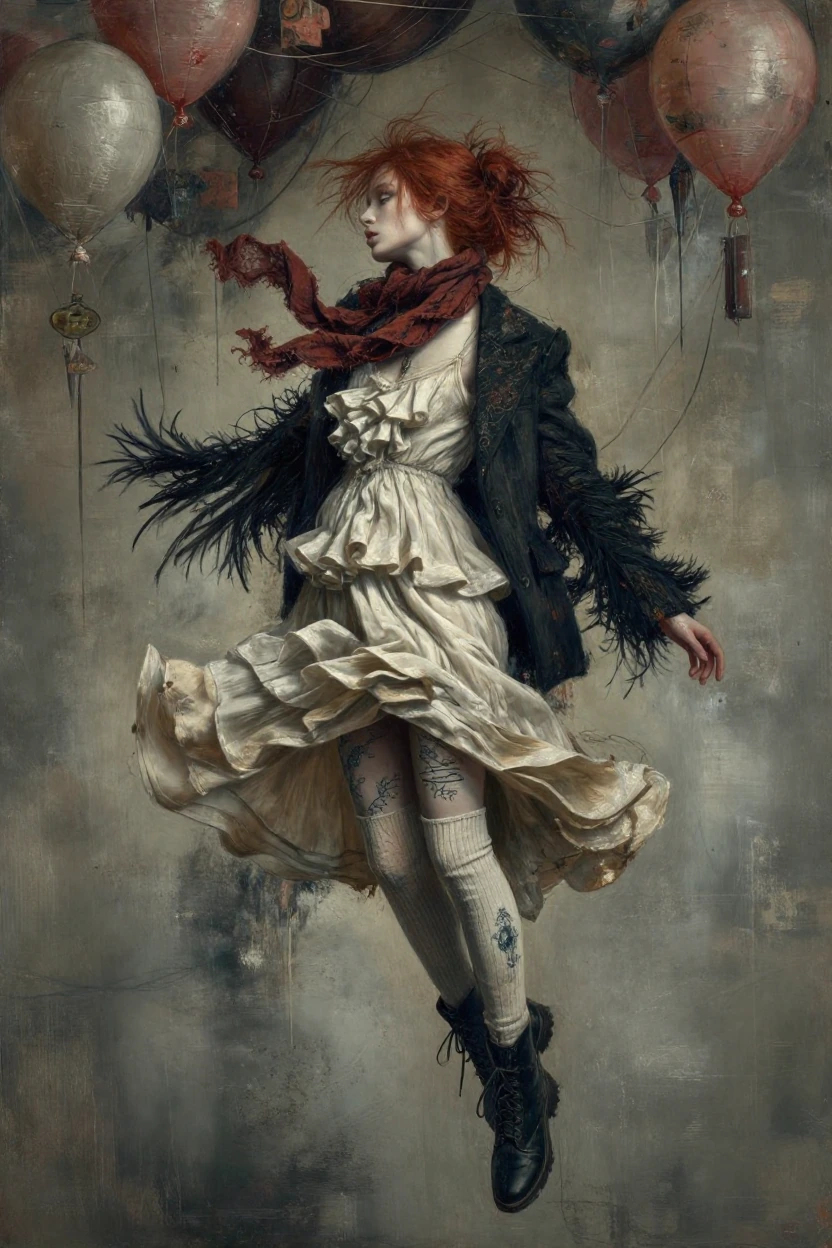A full-body, high-fashion editorial portrait of a ethereal, pale-skinned model with disheveled red-auburn hair in a loose bun, looking in profile with