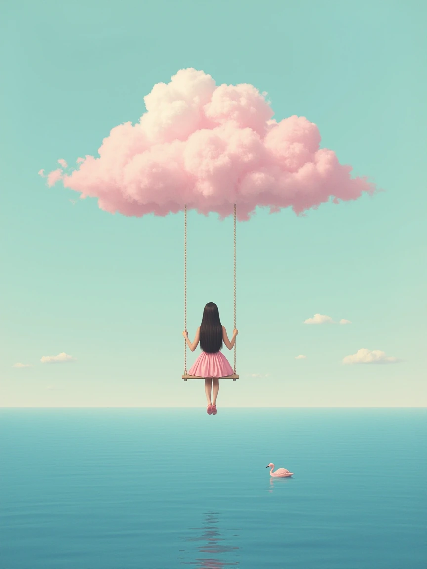 Surrealist art photography: A solitary woman with long dark hair and a pink dress sits on a simple swing, suspended by a large, fluffy, pink cloud above a tranquil blue ocean. The photograph is taken from behind, with her swaying between the cloud an