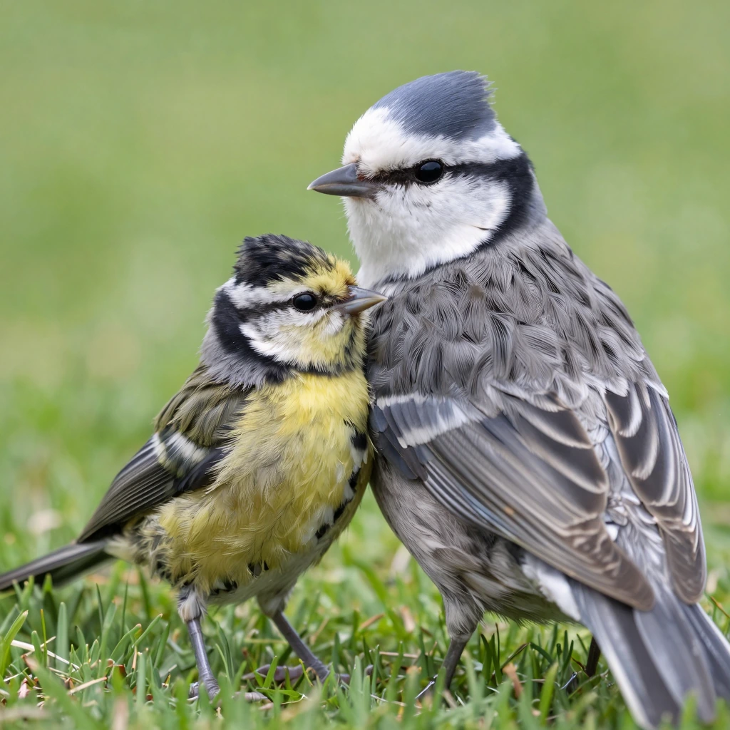 cute bird baby with mama bird hugging under wing