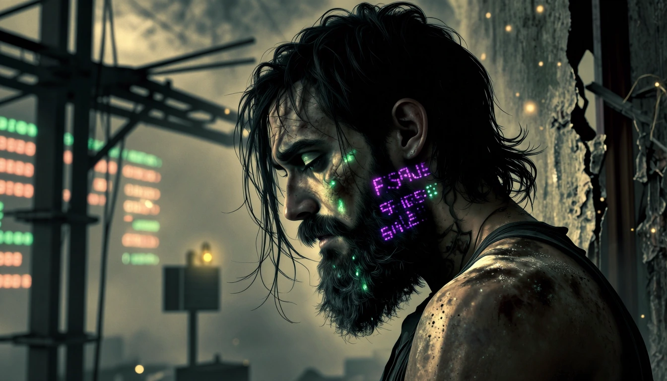 Bearded man with long dark hair in profile, gazing downward with haunted melancholy, thick full beard rendered in precise detail, skeletal face structure sharp with desperation, shadowy lighting emphasizing hollowed cheeks and weathered contours, tox
