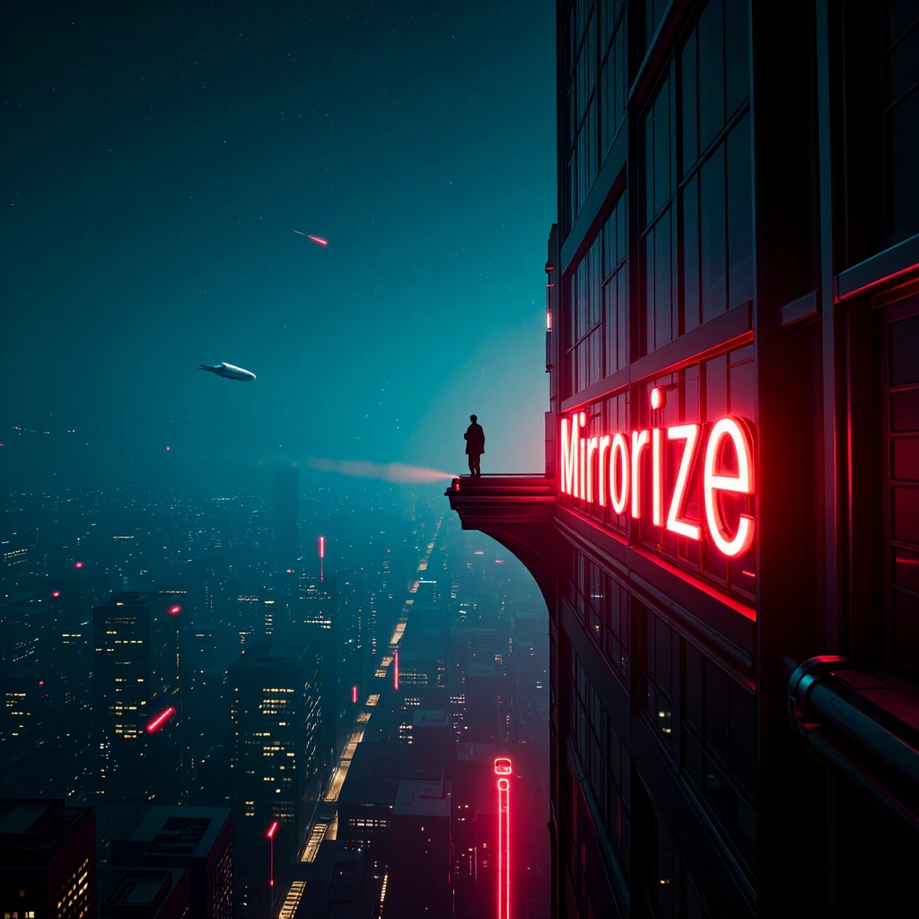 Extreme wide shot with slow push, anamorphic lens, Kodak Vision3 500T, cool teal and magenta color grading, solitary figure silhouetted on skyscraper edge, ruby-red neon "Mirrorize" sign glowing beside frame, volumetric haze diffusing light through c