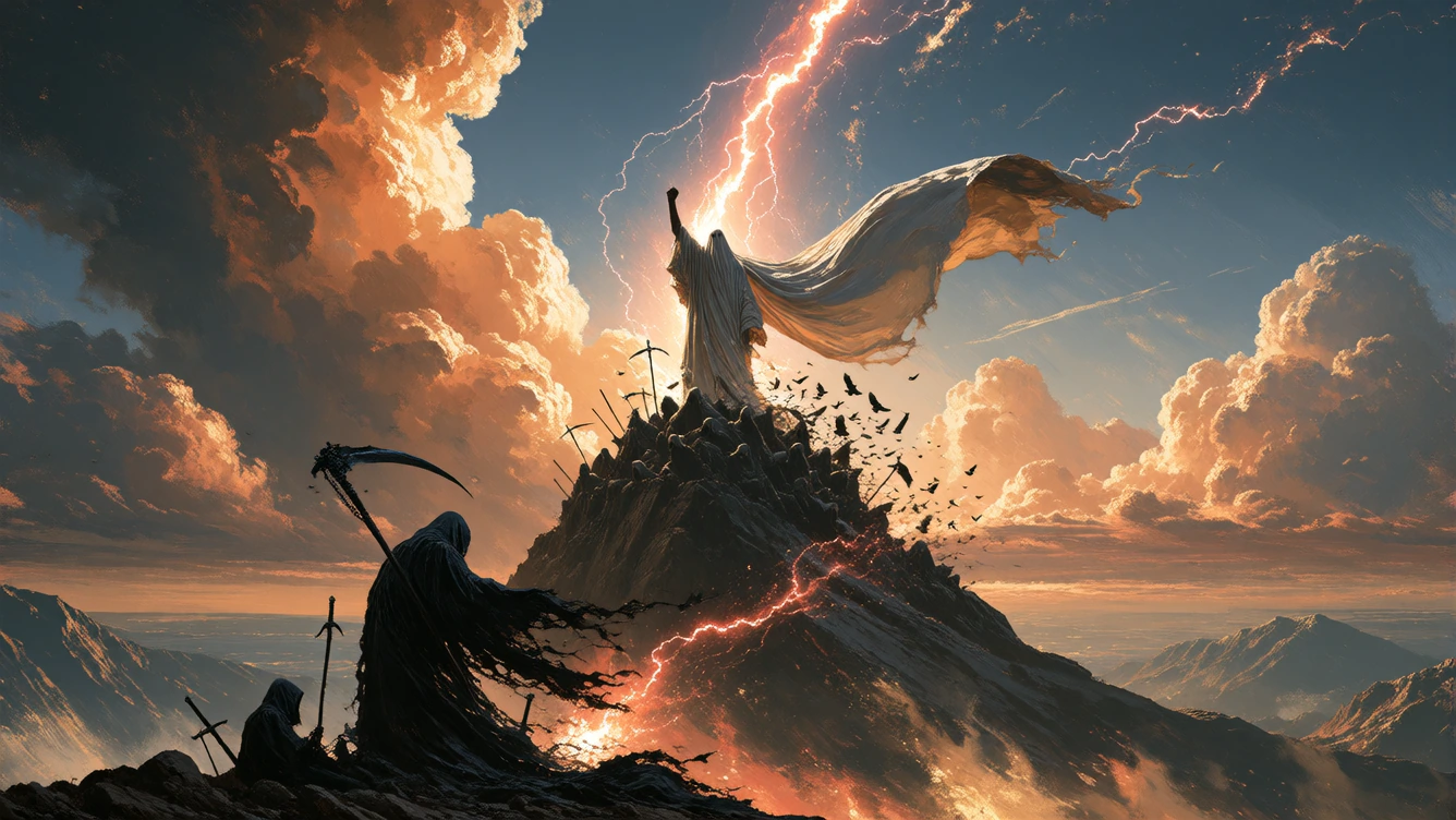 A Boris Vallejo fantasy oil painting, authentic to his style 1:1: lush glossy oil brushwork, dramatic epic chiaroscuro, saturated palette of molten gold, bruised crimson, storm violet and electric blue, hyperdetailed heroic rendering, monumental myth