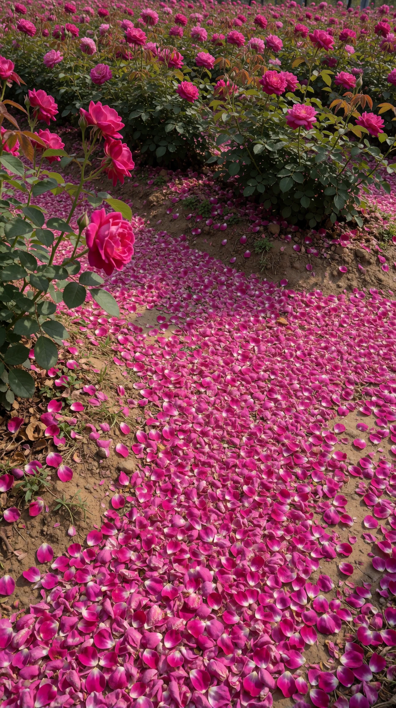 A sea of rose pedals near a field of roses