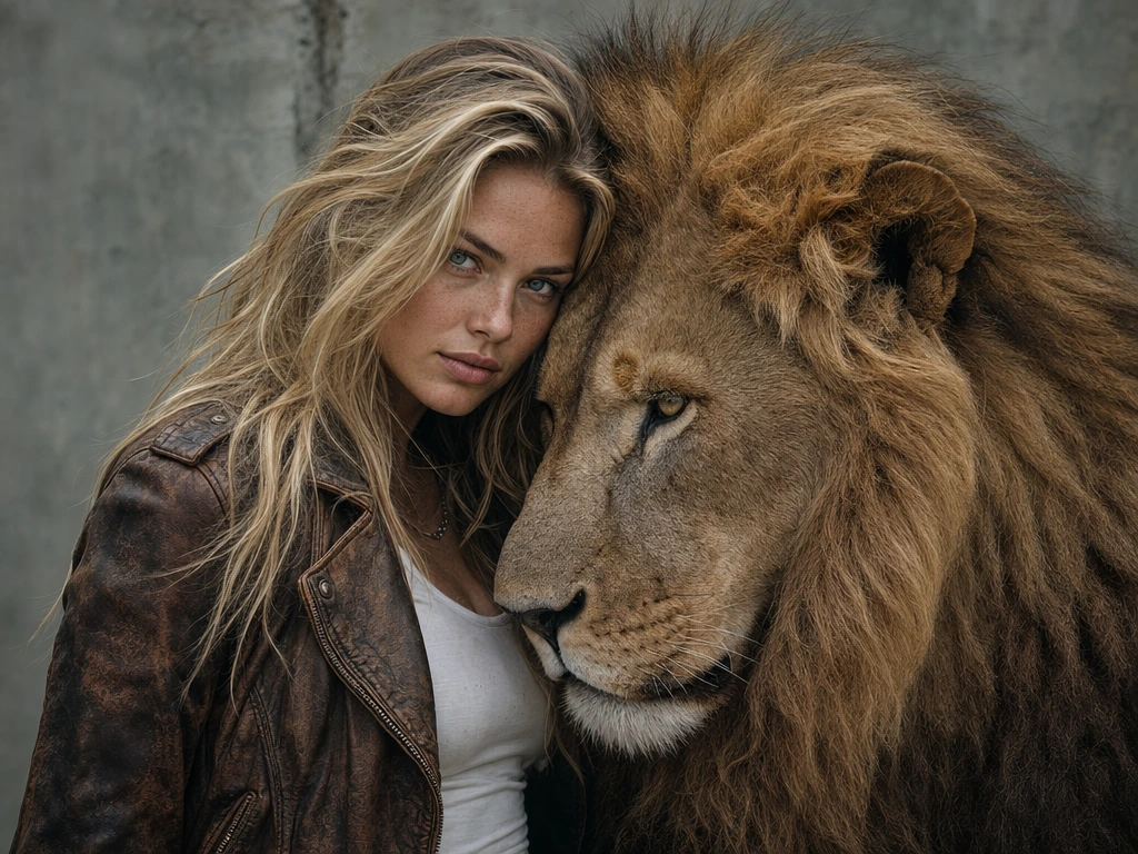 A gritty yet elegant portrait of a beautiful blonde woman and her lifelong lion companion, captured in a raw, hyper-realistic style. The background is