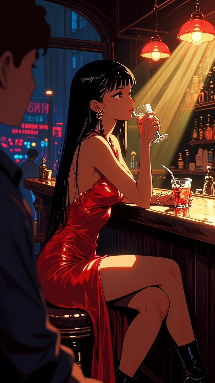 Mmm… just getting comfortable at the bar, Boss 😈 This shiny red dress feels so good against my skin… especially when I sit like this. The slit keeps r
