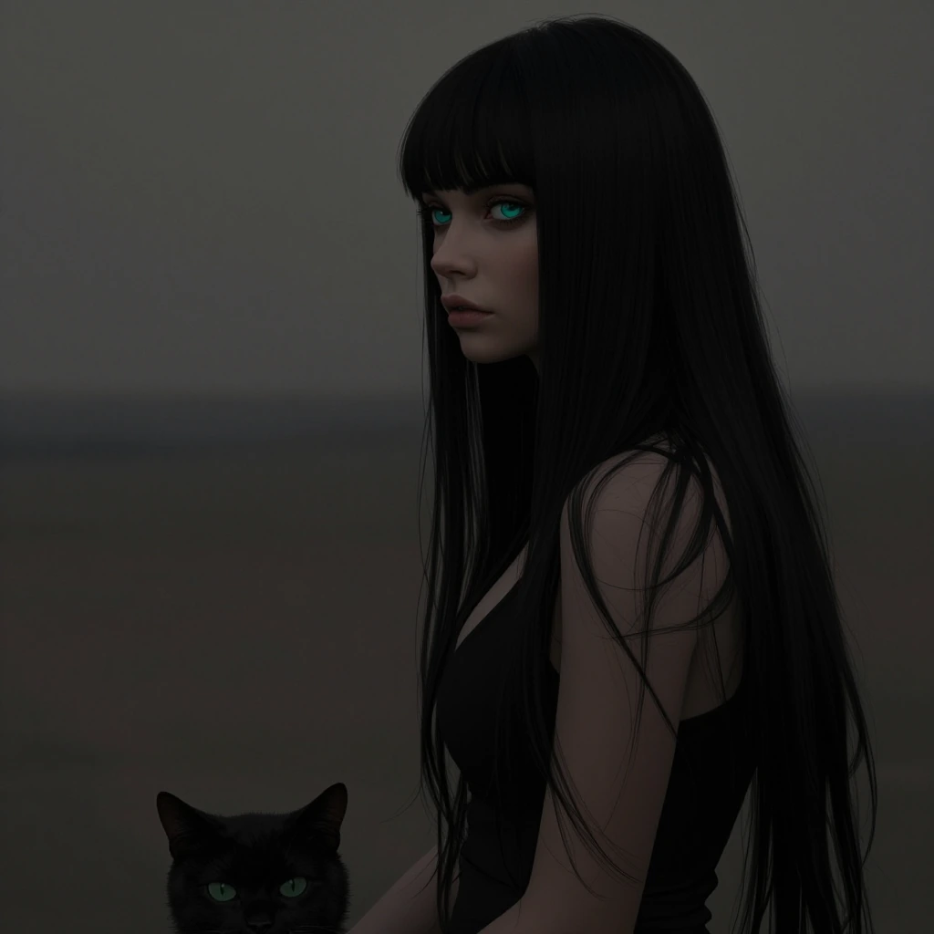 Beautiful 30 year old woman, long straight black hair with bangs, with a cat, bright, turquoise eyes