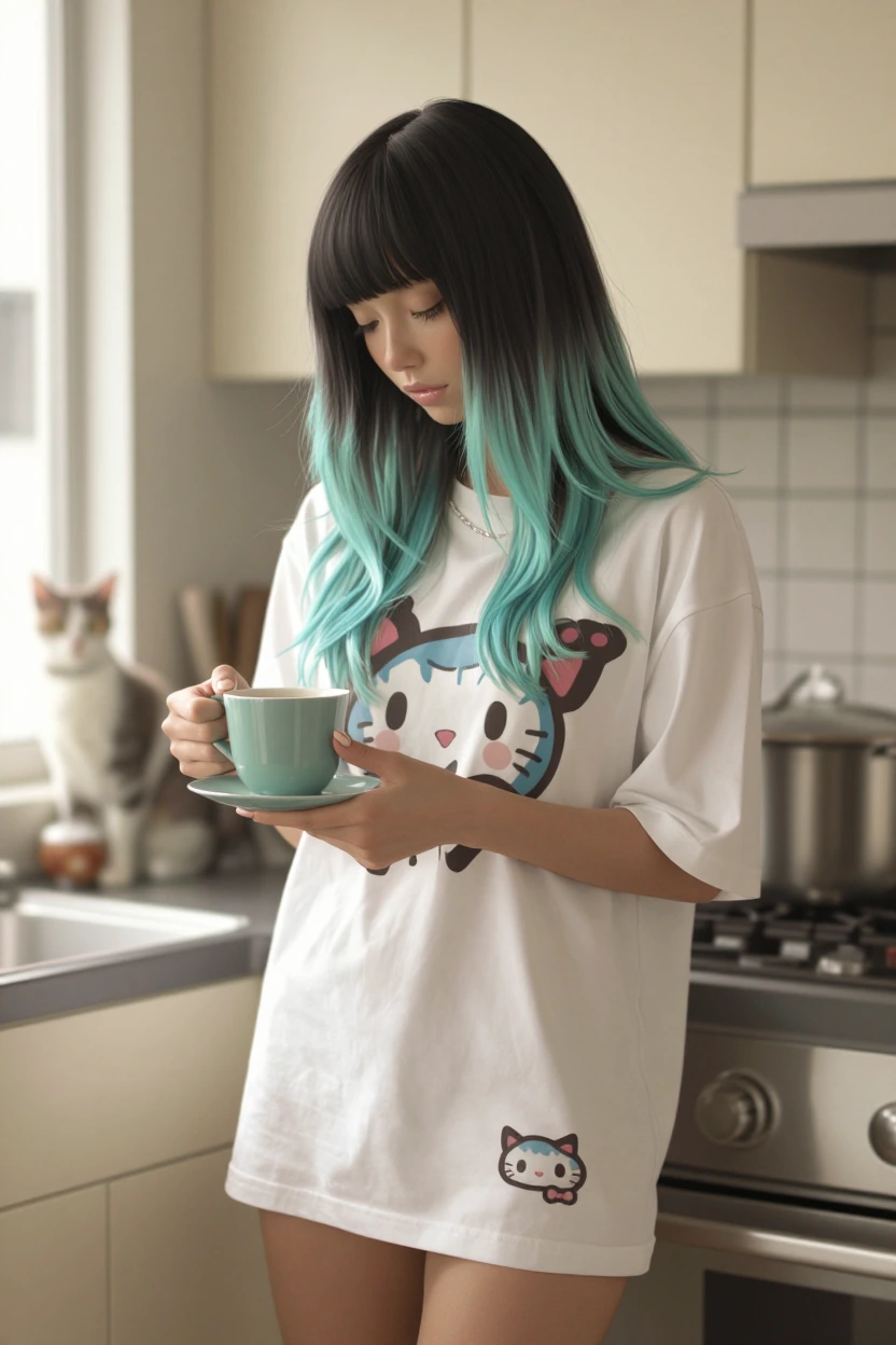 Woman, long, black, aqua, ombre hair, with her cat in the kitchen, getting coffee, oversized kawaii style graffiti T-shirt in the morning