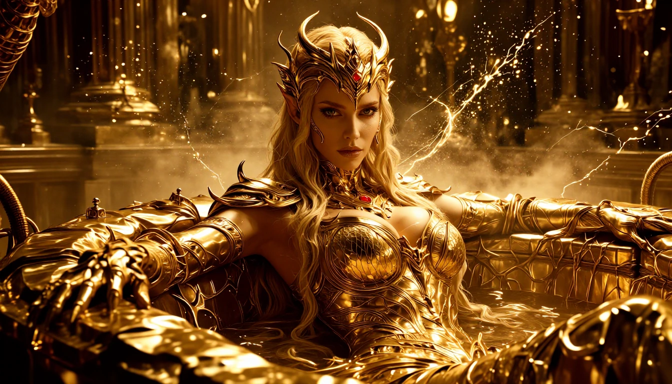 stunningly beautiful alien female sorceress, form-fitting golden runic bio-armour, massive cleavage, ultra-long golden-blonde hair, theme metallic gold, glitter, oily, radiant, extravagant, wealth, molten gold bath