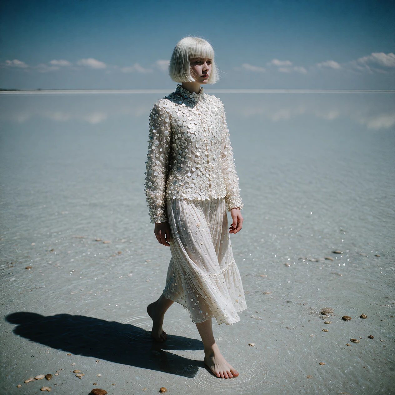 Full body fashion magazine portrait of an attractive 18 year old model with sunlight in her face and casting shadow behind her. She has short white hair with neat straight ironed bangs. She is barefoot and walking on the smooth uniform surface of a s