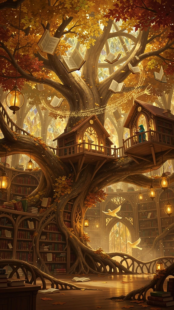 A breathtaking fantasy realm featuring an endless library grown from colossal ancient autumn trees whose glowing golden leaves transform into floating magical books, magnificent crystal reading halls woven through giant branches, warm amber lanterns 