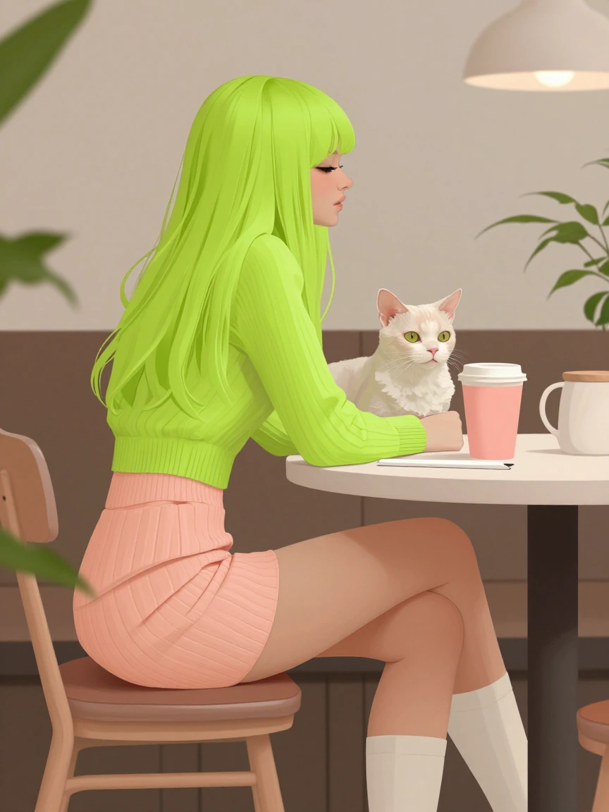 Woman at a cafΓ© with her cat. Lime green and peach
