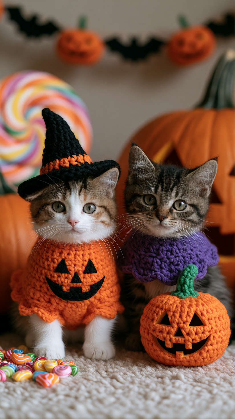 the cutest kittens wearing crocheted Halloween costumes. Candy in the background and just the cutest scene ever in a normal house beautiful decor. Nat