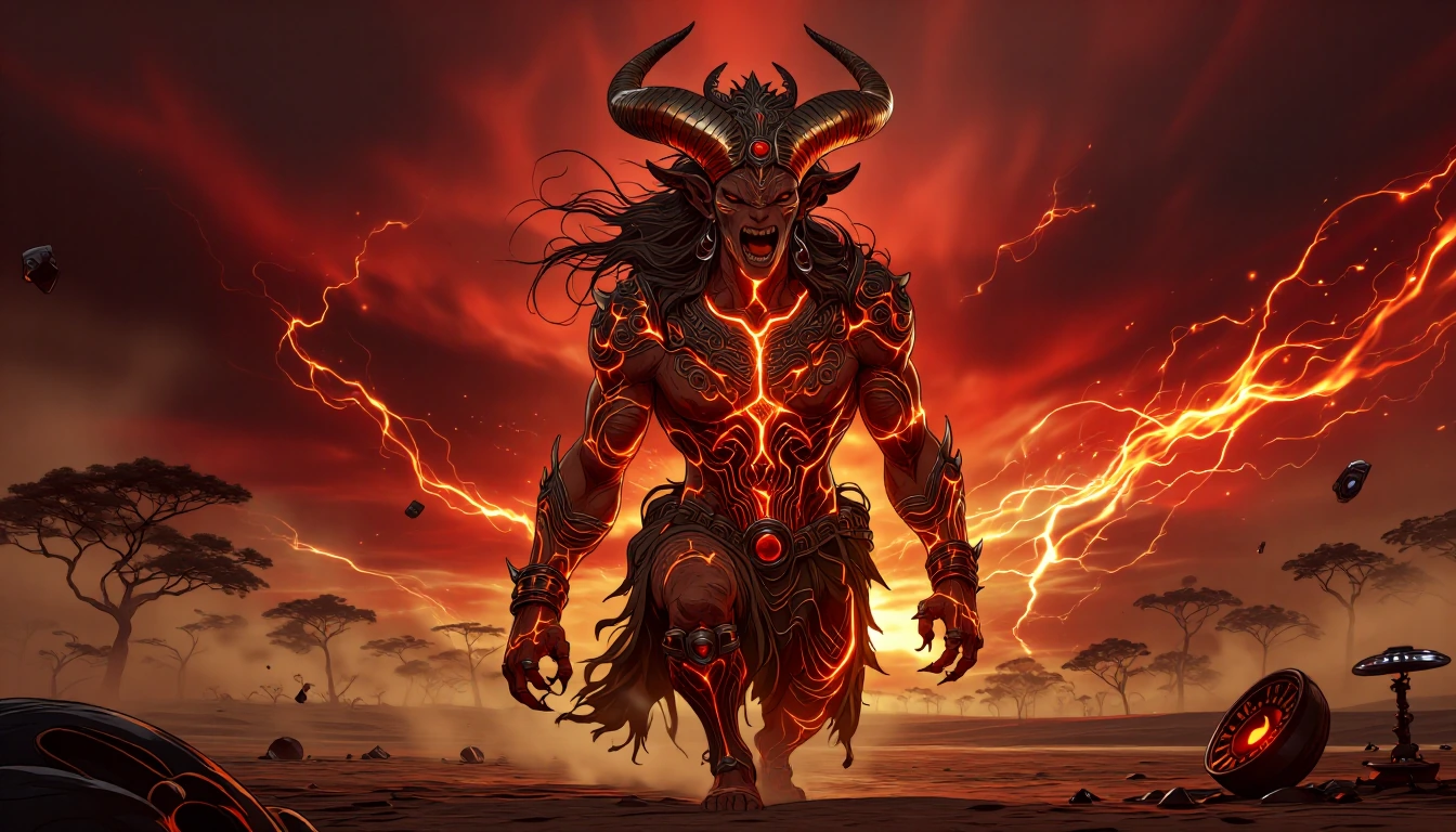 Celestial goddess walking the heavenly realm A photorealistic towering rage-horn with rust-to-dark-brown, muscle-rippled skin stands defiantly on a sun-scorched savanna, glowing veins pulsing with primal energy across its body in ancient tribal patte
