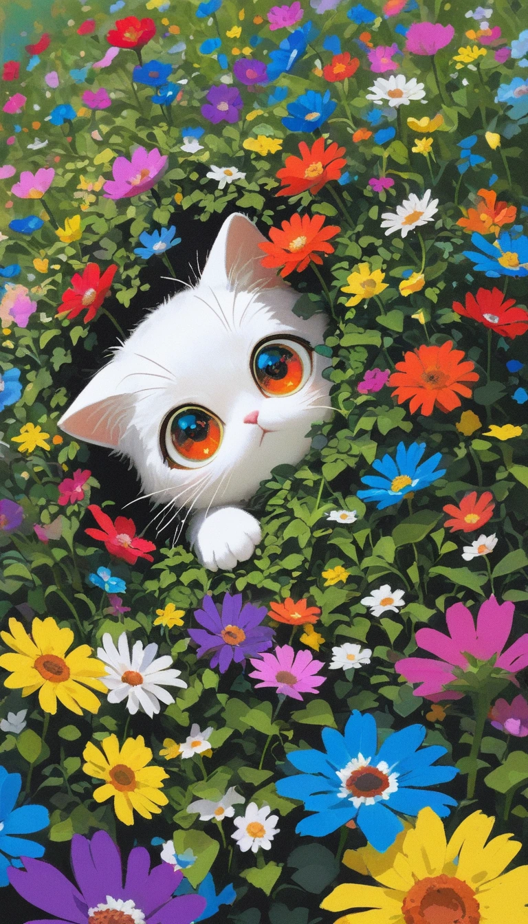 flat art, white cat, big eyes, hiding in colorful flowers.