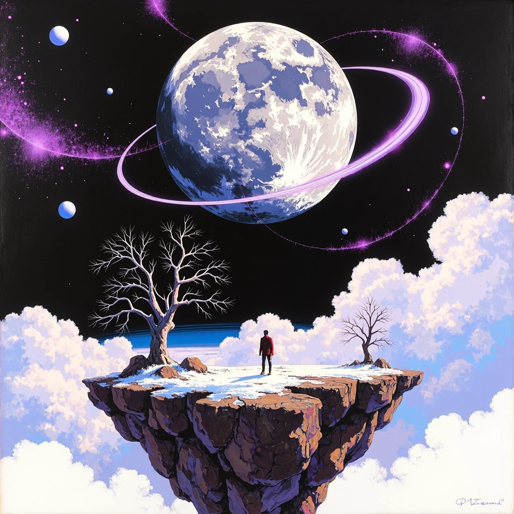 A solitary figure strides purposefully across a rocky floating island amidst swirling clouds under a colossal, cratered moon. Leafless trees and patches of snow dot the desolate terrain while orb-like objects and circular bands of light dance in the