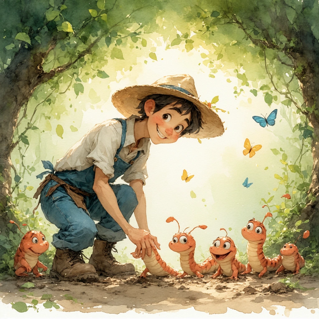 A funny Disney-style cartoon scene featuring a cheerful gardener with rosy cheeks and expressive eyes, wearing a faded denim apron over rolled-up slee
