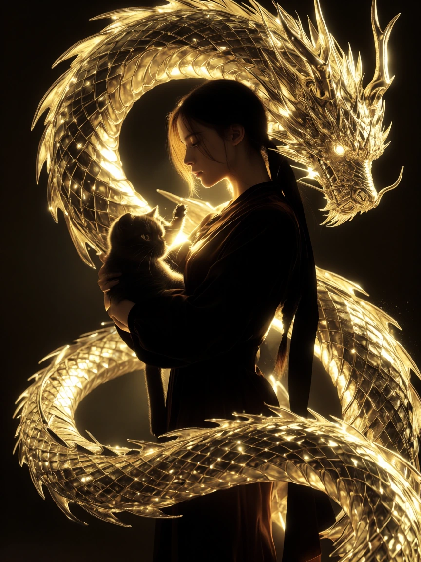 Woman, dragon, cat, sparkling