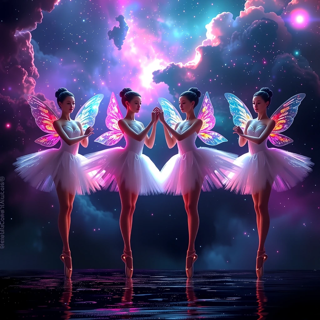 Four delicate fairy ballerinas standing side by side facing forward, holding hands with crossed arms in a perfect classical ballet line, synchronized Pas de Quatre pose inspired by Swan Lake, each with one leg elegantly lifted in high retiré position