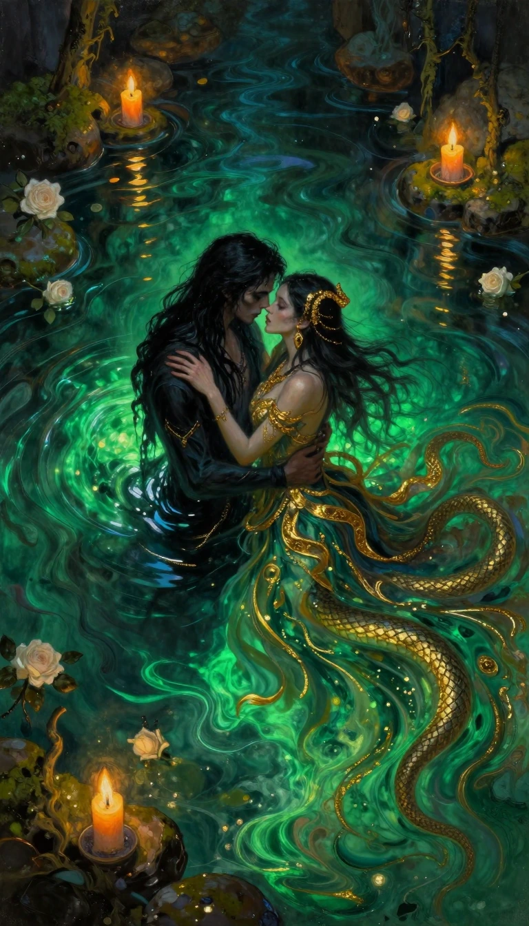 Two figures—a dark, gothic man with long, wet black hair and a stunning bohemian shaman-witch—embrace at the bottom of an ethereal emerald-coloured pool, their garments richly embroidered with gold undulating around them like flowing silk. Warm, ambe