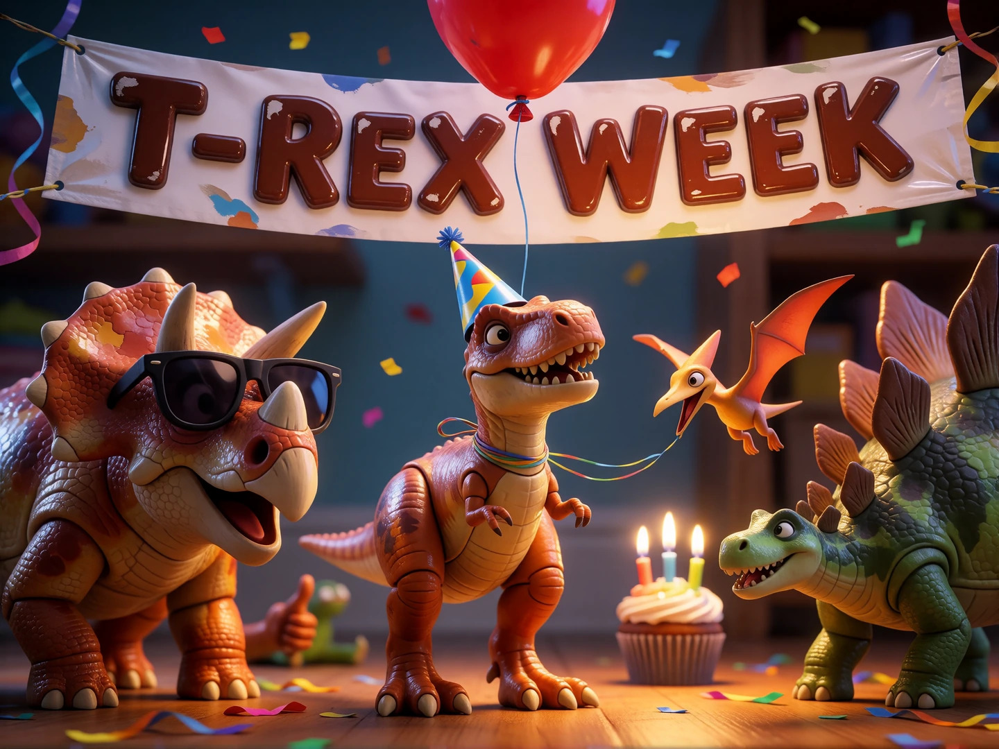 A cheerful 3D animated poster in the style of Pixar's Toy Story, featuring a big bold banner text reading 'T-REX WEEK' in playful bubble letters across the top, made to look like a plastic toy sign with glossy highlights. Below it, a comically small-