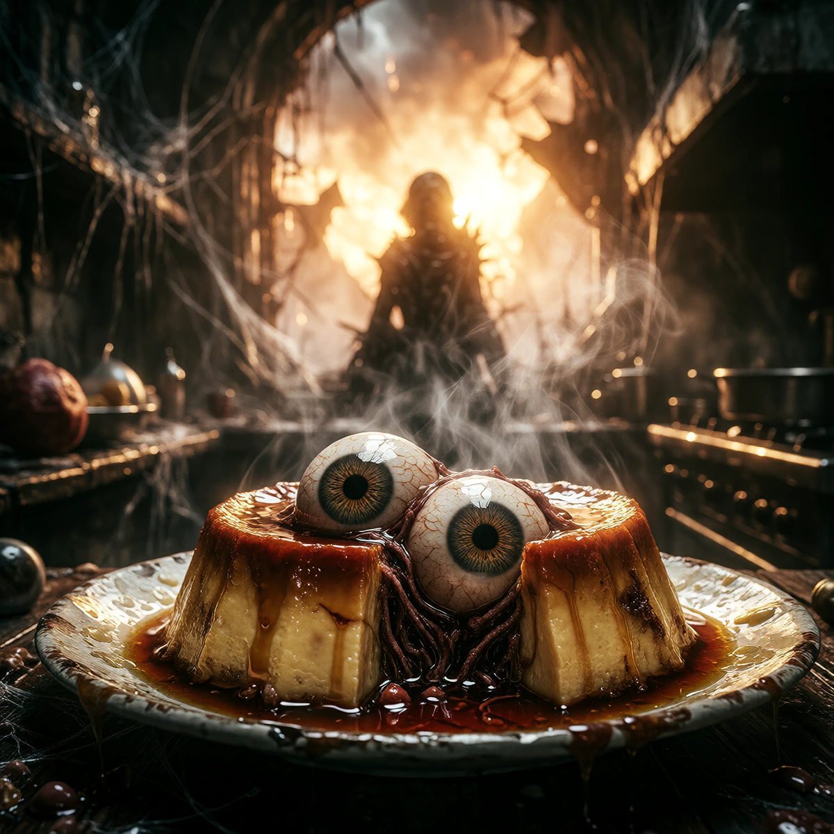 Hyper-realistic, macabre surrealism. In a decaying, cobwebbed kitchen, a chipped plate holds a caramel flan. Two grotesque human eyeballs are embedded