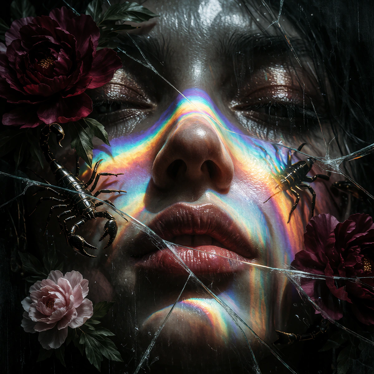A high-definition artistic portrait, capturing the sombre, matte face of a mysterious woman and her glossy lips, partially obscured by a layer of shattered glass. The broken glass diffuses a prismatic, vibrant and spectral beam of light in the colour
